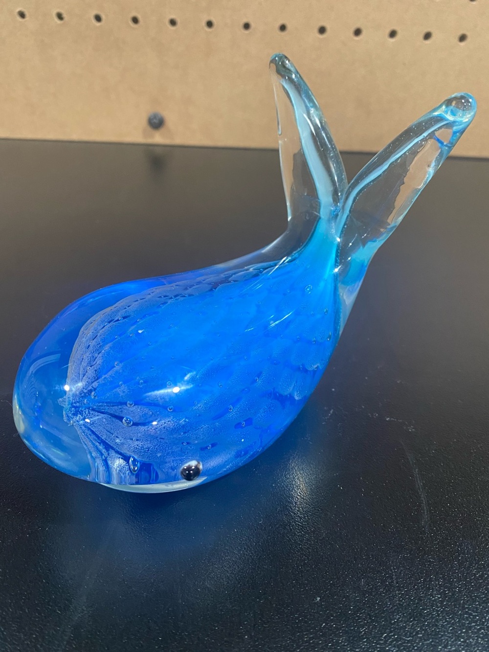 Murano Style Blown Art Glass Whale Lite Blue & Clear Paperweight Figurine 5"